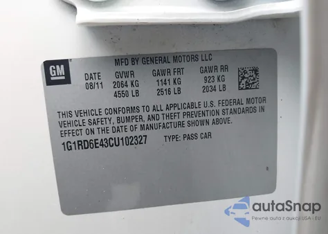 2012 Chevrolet Volt из США, поврежденный, VIN 1G1RD6E43CU102327